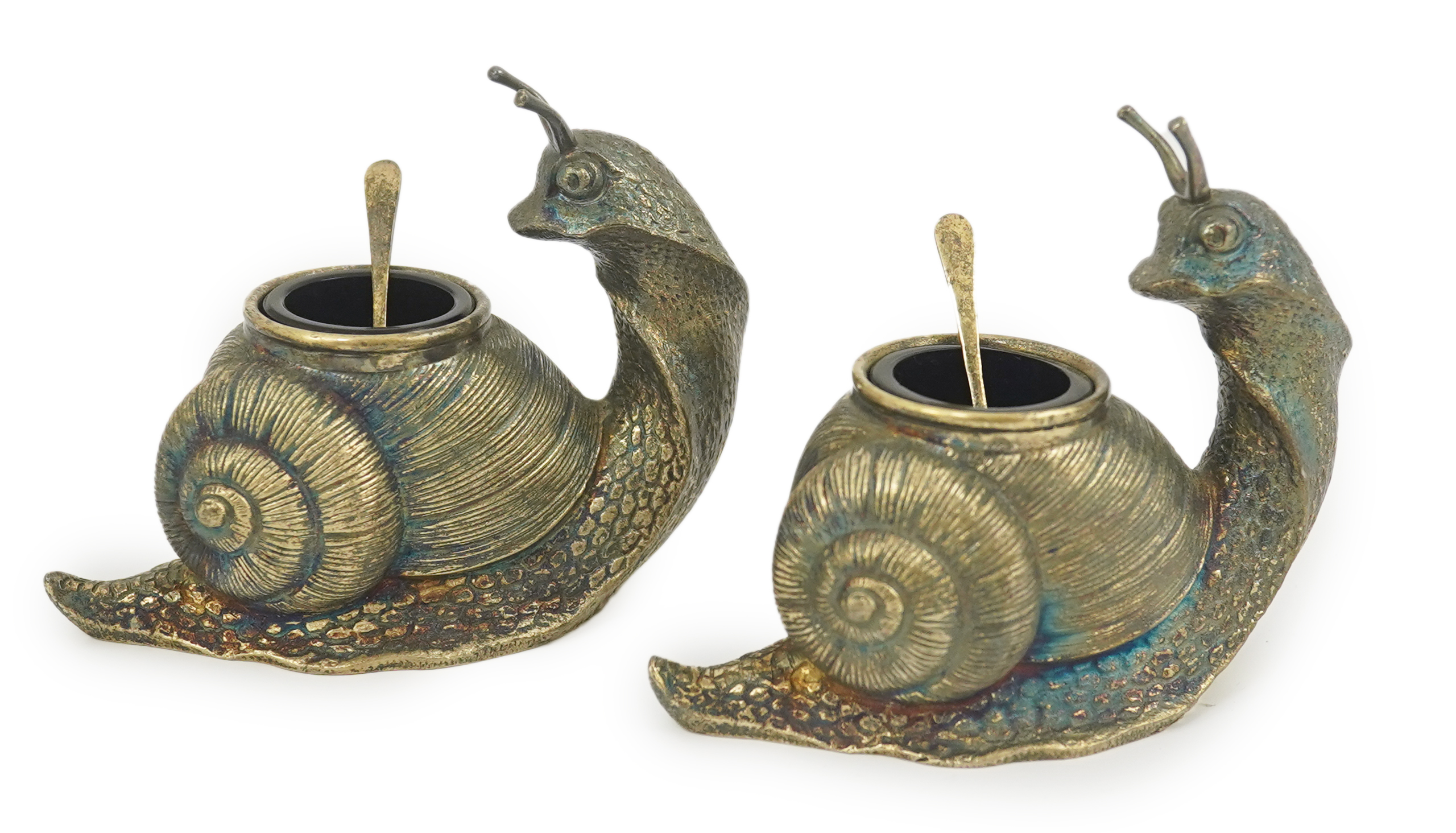 A pair of Elizabeth II novelty cast silver salts and spoons, by Garrard & Co, modelled as snails